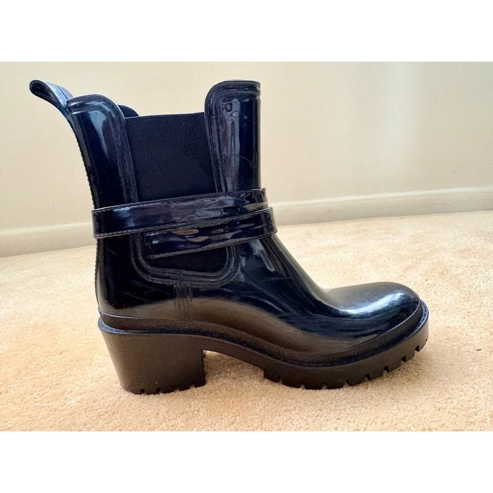 Unbranded Women's Black Glossy Rubber Buckle Ankle Rain Boots Chunky Heel Size 7